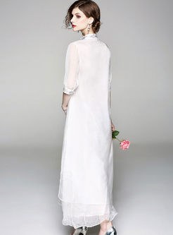 White Retro Slopping Stand Collar Double-layered Maxi Dress