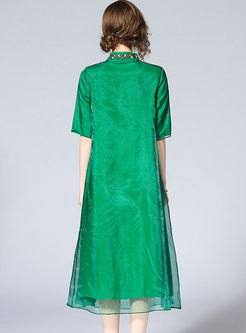Green Elegant Embroidery Half Sleeve Straight Dress