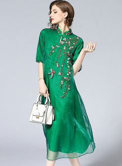 Green Elegant Embroidery Half Sleeve Straight Dress