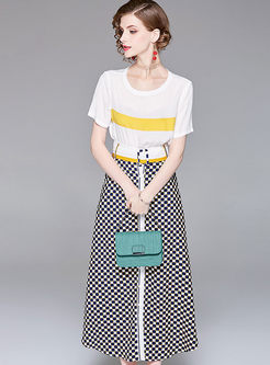 White Round Neck Belted Top & Fashion Dot Print Split Big Hem Skirt