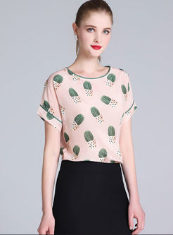 Apricot Casual Elegant Silk Cactus Print Short Sleeve Top