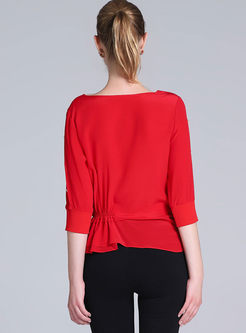 Red Beaded Silk Three-quarter Sleeve Waist Top