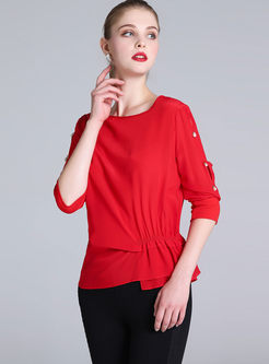 Red Beaded Silk Three-quarter Sleeve Waist Top