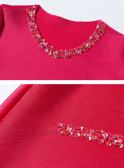 Rose Solid Color Short Sleeve Decoration Shift Dress