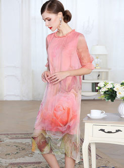 Pink Print Half Sleeve Shift Dress With Underskirt