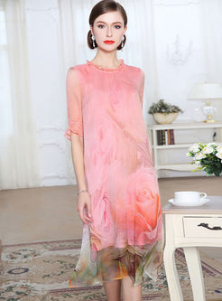 Pink Print Half Sleeve Shift Dress With Underskirt