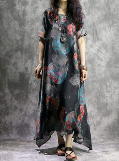 Retro Print Long Rolled Sleeve Maxi Dress With Camis