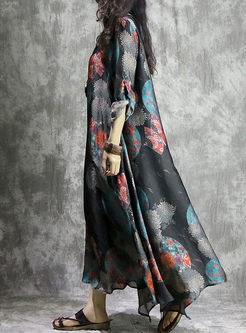 Retro Print Long Rolled Sleeve Maxi Dress With Camis