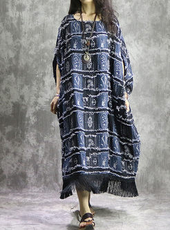 Blue Fringed Batwing Sleeve Long Plus Size Gown