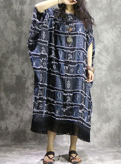 Blue Fringed Batwing Sleeve Long Plus Size Gown