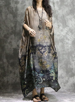 Coffee Ethnic Print Batwing Sleeve Maxi Dress With Tanks