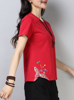 Red Embroidery Asymmetric Hem Short Sleeve Top