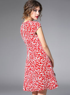 Red Fashion Leaf Print A Line Dress