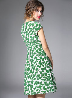 Green Fashion Leaf Print A Line Dress