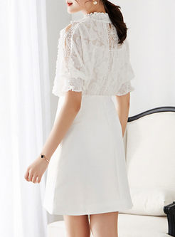 White Batwing Sleeve Hollow Out False Two-piece Dress