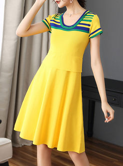 Yellow Waist Short Sleeve Knitted Dress