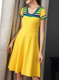 Yellow Waist Short Sleeve Knitted Dress