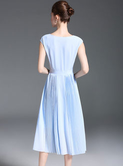 Light Blue Chiffon Waist Pleated Dress