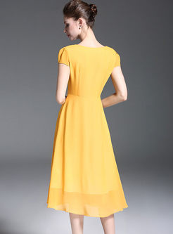 Street Yellow Split Puff Sleeve Chiffon Dress