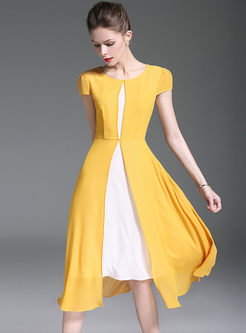 Street Yellow Split Puff Sleeve Chiffon Dress