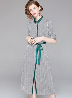 Brief Striped Belted Single-Breasted Shirt Dress