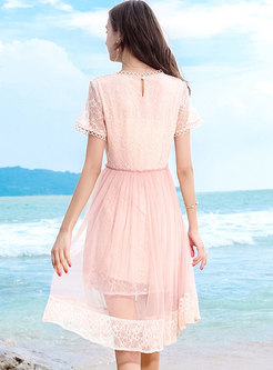 Pink Embroidery Short Sleeve Lace Dress
