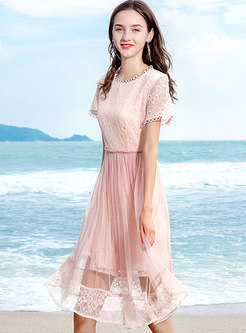 Pink Embroidery Short Sleeve Lace Dress