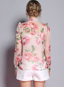 Rose Print Tie-Collar Blouse With Tanks