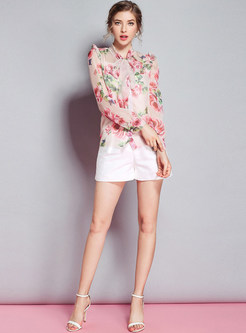 Rose Print Tie-Collar Blouse With Tanks