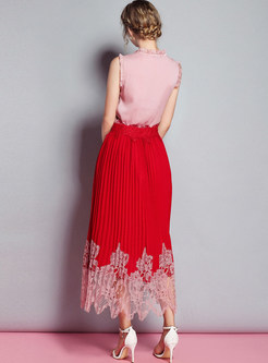 Pink Stringy Selvedge Top & Red Lace Splicing Skirt