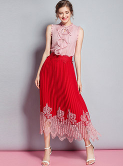 Pink Stringy Selvedge Top & Red Lace Splicing Skirt