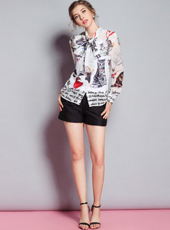 Cat Pattern Bowknot Silk Blouse With Tanks