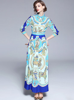 Retro Lapel Printed Waist Maxi Dress