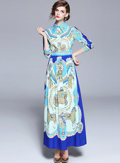 Retro Lapel Printed Waist Maxi Dress