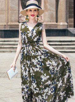 Elegant Flower Print Sleeveless Maxi Dress