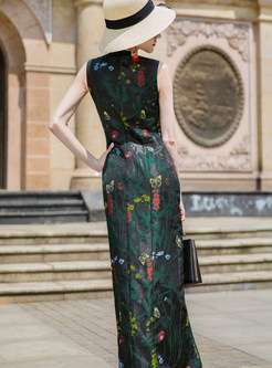 Vintage Jacquard Sleeveless Slim Maxi Dress