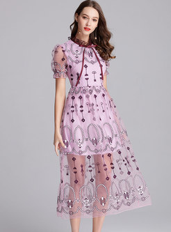 Elegant Stringy Selvedge Embroidery Mesh Midi Dress