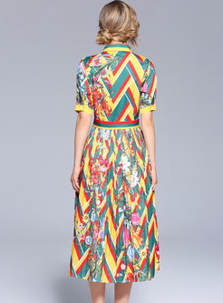 Hit Color Floral Print Lapel Midi Dress