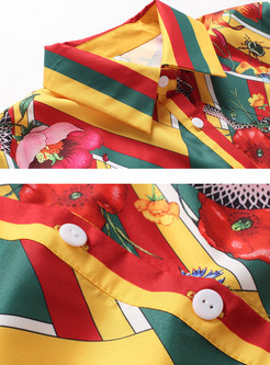 Hit Color Floral Print Lapel Midi Dress