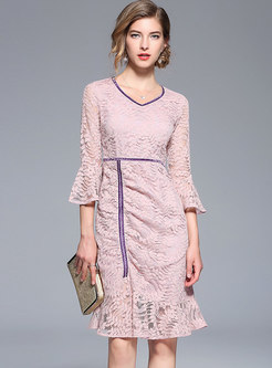 Pink Hollow Out Flare Sleeve Mermaid Dress