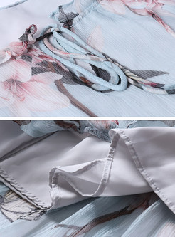 Blue Silk V-neck Flower Print Shift Dress