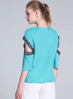 Light Blue Hollow Out Spangle Print Top
