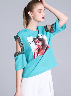 Light Blue Hollow Out Spangle Print Top