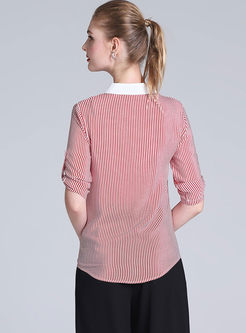 Pink Casual Half Sleeve Embroidery Striped Blouse