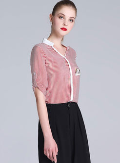 Pink Casual Half Sleeve Embroidery Striped Blouse