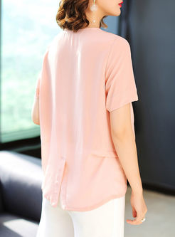 Pink Short Sleeve Loose V-neck Top
