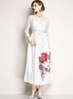 White Lace Splicing Hollow Out Maxi Dress