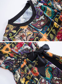 Multicolor Floral Print Belted Skater Dress