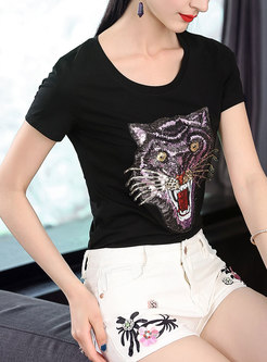 Tiger Pattern Sequin Embroidery T-shirt