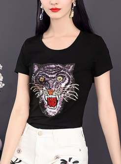 Tiger Pattern Sequin Embroidery T-shirt